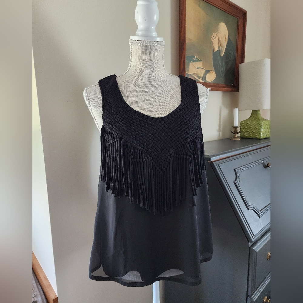 MNG suit collection Women's XXS /XS sleeveless fringe black top